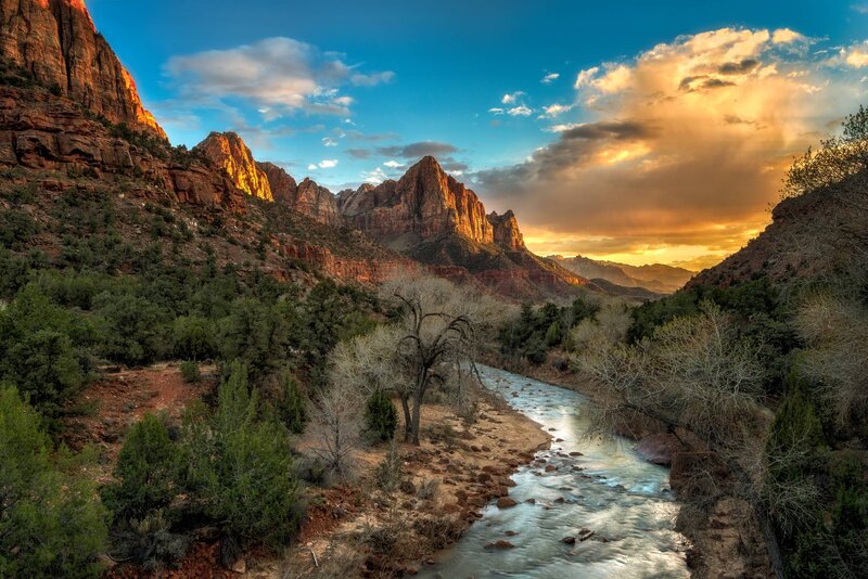 River in Canyon Landscape — Blue, Dramatic, Sunset, Photograph