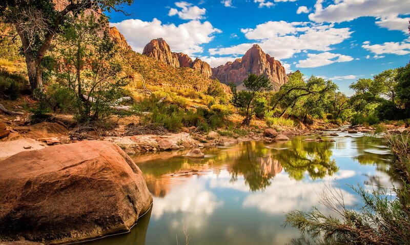 River in Canyon Landscape — Blue, Serene, Afternoon, Photograph, Mountains, Trees