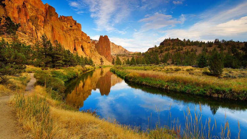 River in Canyon Landscape — Blue, Serene, Afternoon, Photograph, Trees, Sky