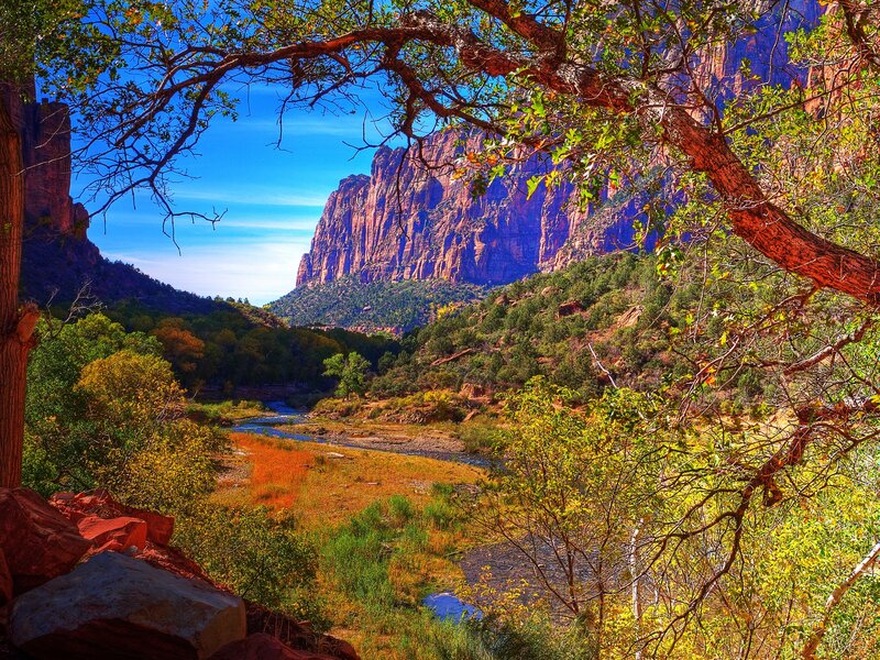 River in Canyon Landscape — Blue, Serene, Afternoon, Photograph, Trees