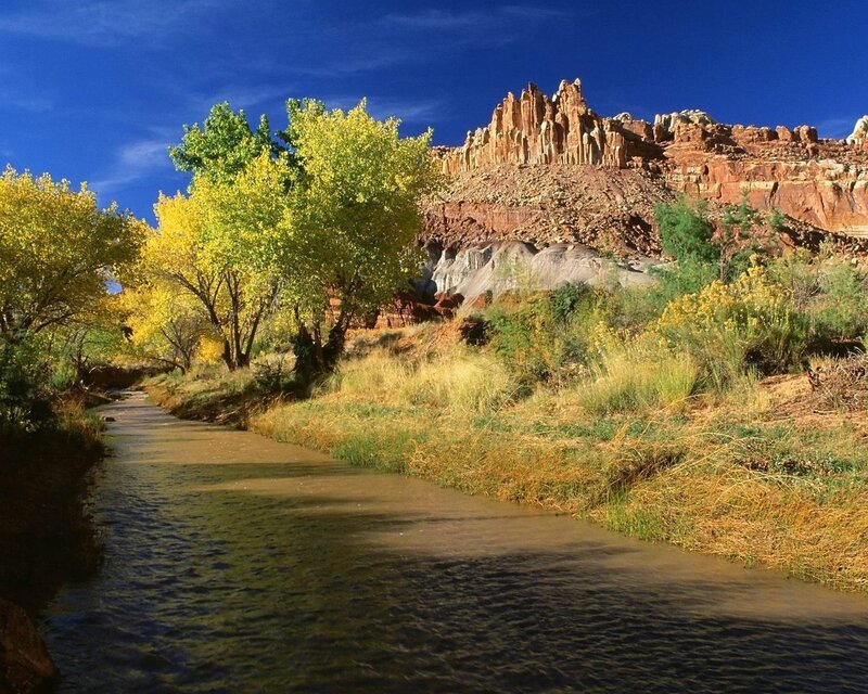 River in Canyon Landscape — Blue, Serene, Autumn, Photograph