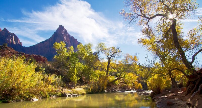 River in Canyon Landscape — Blue, Serene, Autumn, Photograph, Trees