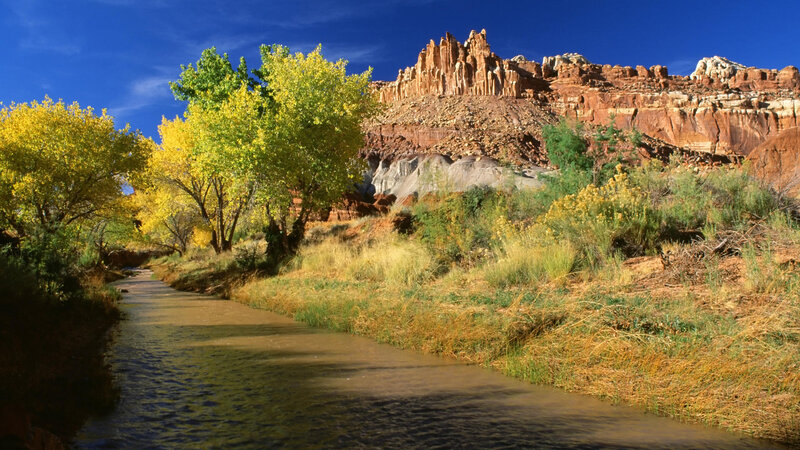 River in Canyon Landscape — Blue, Serene, Autumn