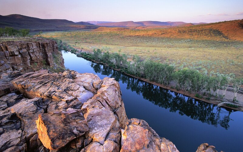River in Canyon Landscape — Blue, Serene, Sunset