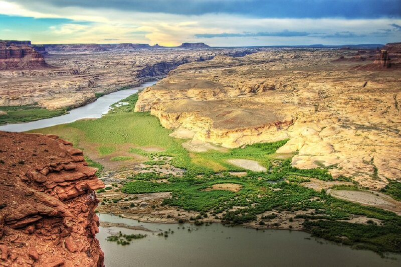River in Canyon Landscape — Brown, Dramatic, Sunset