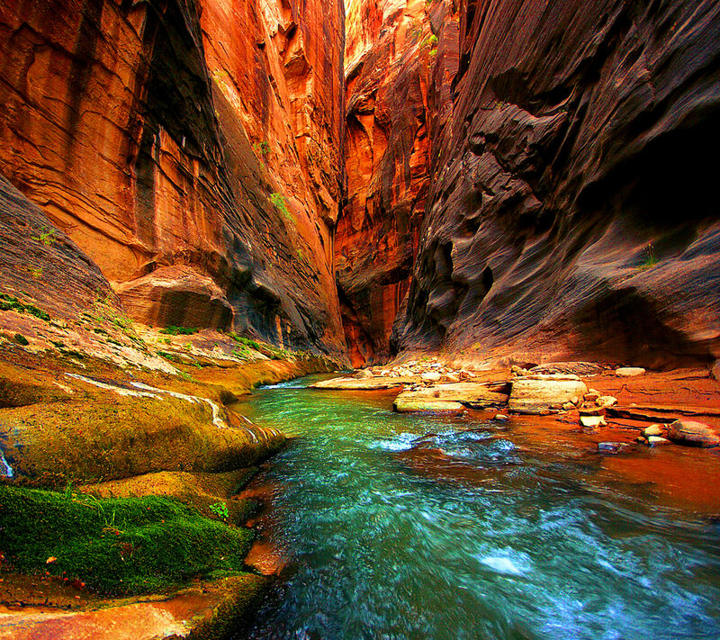 River in Canyon — Red, Dramatic, Afternoon, Photograph, Rocks, Moss
