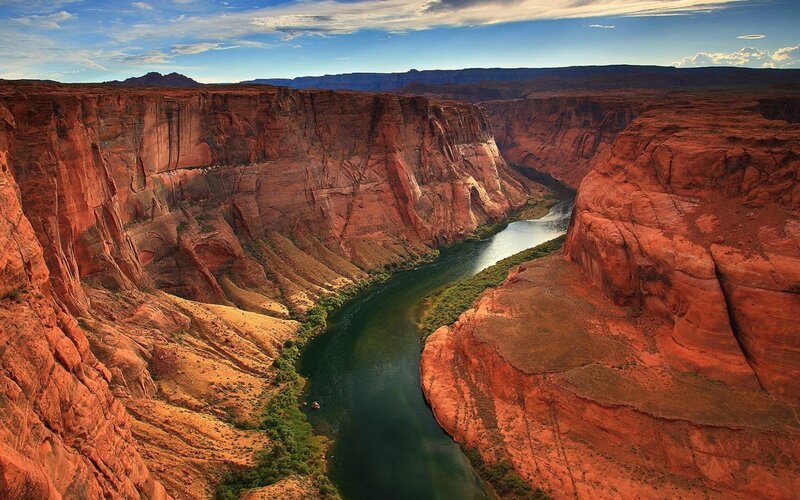 River in Canyon — Red, Dramatic, Afternoon, Photograph, Sky, Cliffs