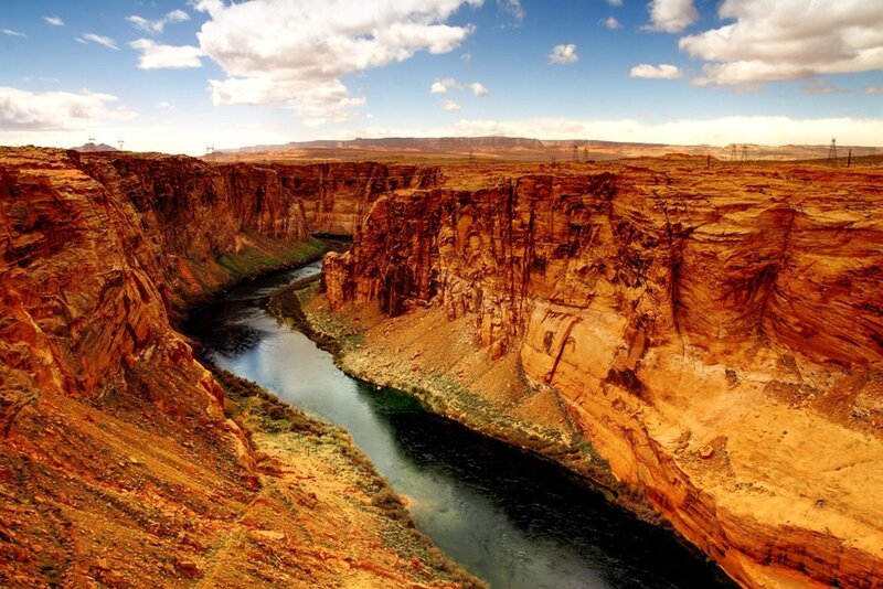 River in Canyon — Red, Dramatic, Afternoon, Photograph, Sky, Clouds, Blue, Green