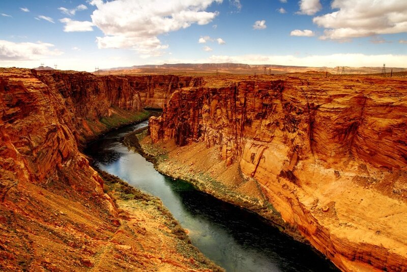 River in Canyon — Red, Dramatic, Afternoon, Photograph, Sky, Clouds, Blue