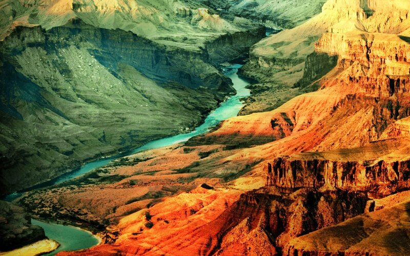 River in Canyon — Red, Dramatic, Sunset, Photograph, Rock, Green, Blue