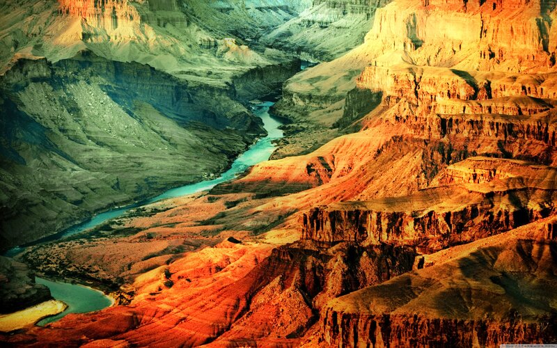 River in Canyon — Red, Dramatic, Sunset, Photograph, Rock