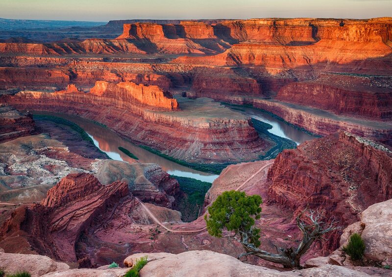 River in Canyon — Red, Dramatic, Sunset, Photograph, Tree