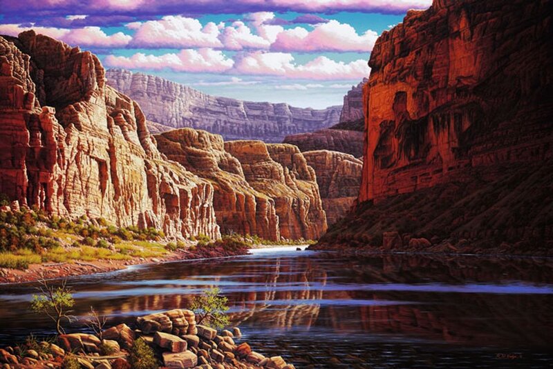 River in Canyon — Red, Serene, Afternoon, Painting