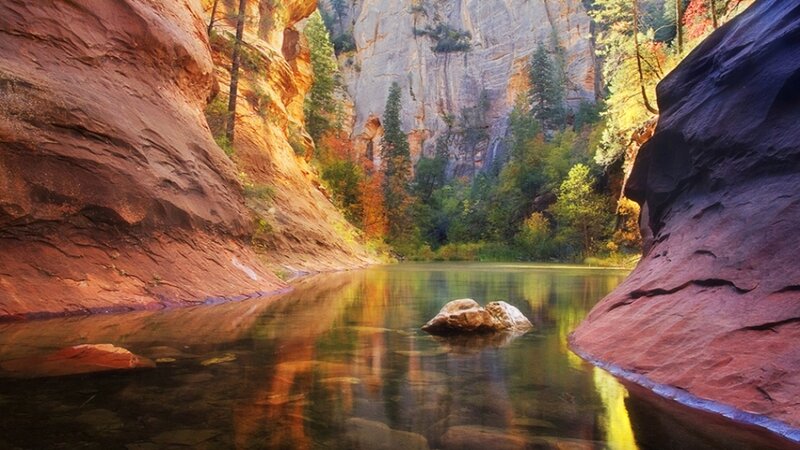 River in Canyon — Red, Serene, Autumn, Photograph