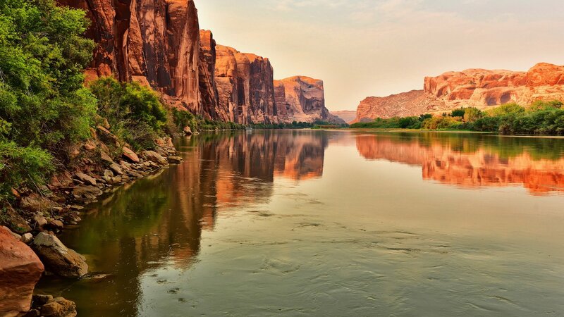 River in Canyon — Red, Serene, Sunset, Photograph