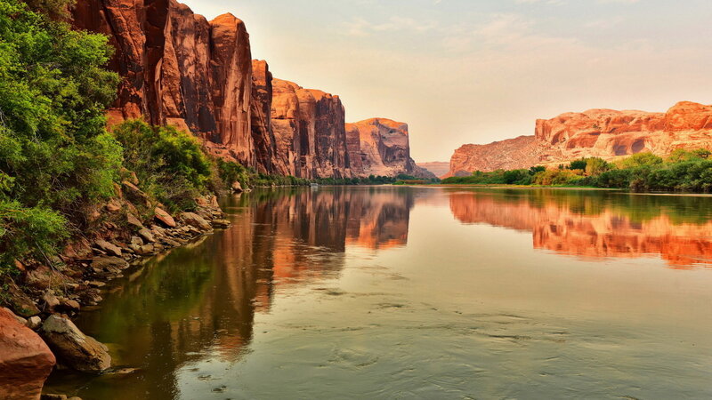 River in Canyon — Red, Serene, Sunset