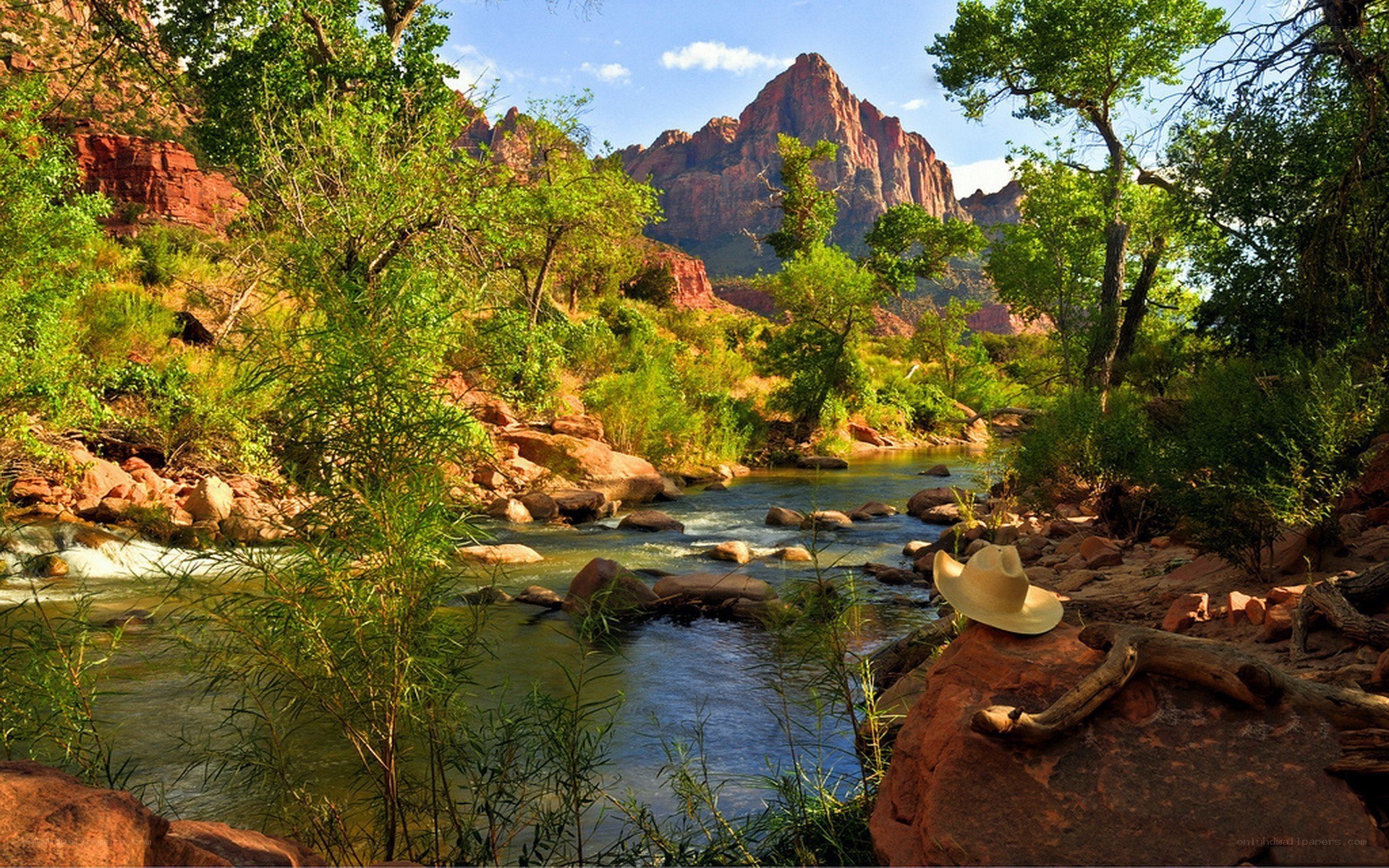 River in canyon with cowboy hat