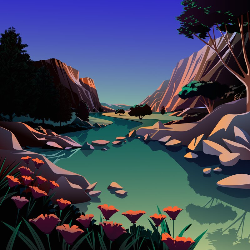 River in Canyon with Flowers — Blue