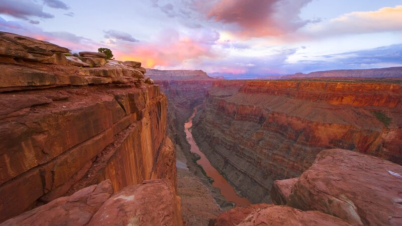 River in Deep Canyon — Red, Dramatic, Sunset, Photograph, Sky