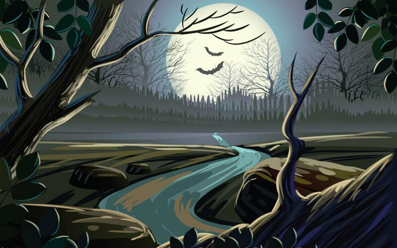 River in Forest at Night — Blue