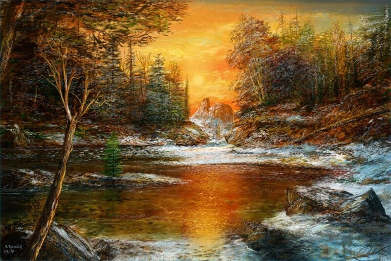 River in Forest at Sunset — Orange