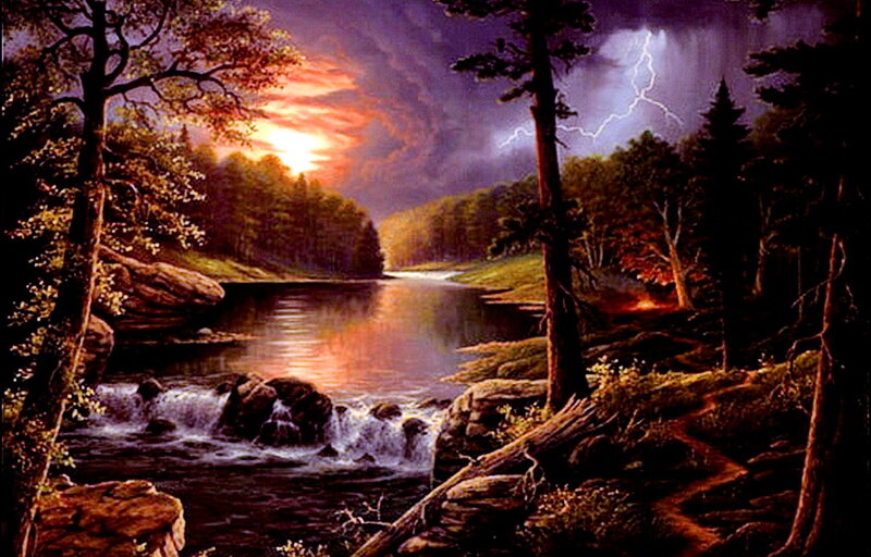 River in Forest at Sunset
