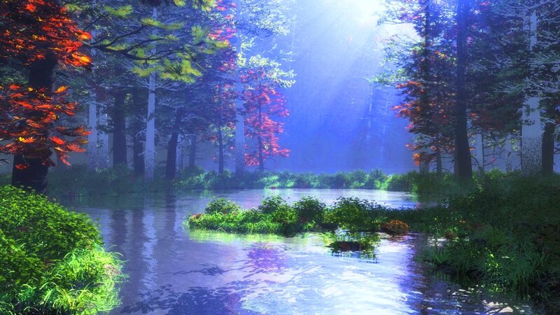 River in Forest — Blue, Serene, Morning, Digital Art