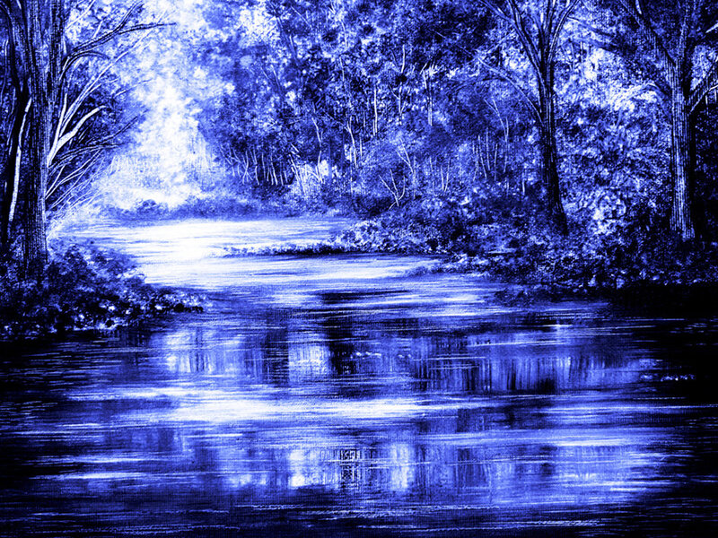 River in Forest — Blue, Serene, Painting