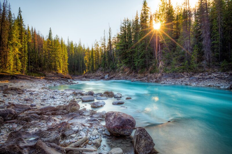 River in Forest — Blue, Serene, Sunset