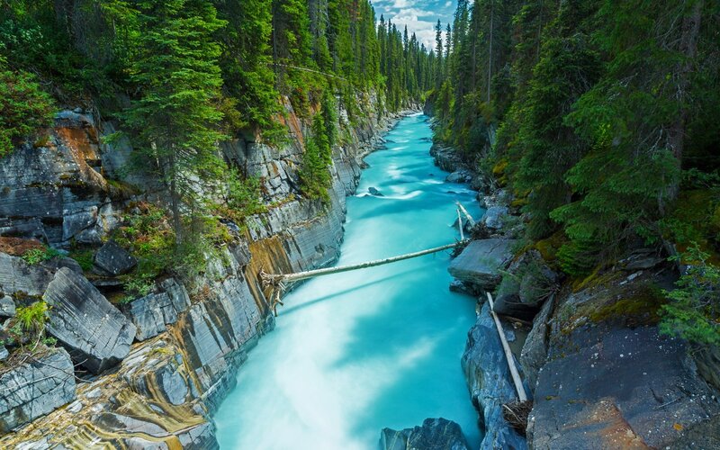 River in Forest Canyon — Blue, Serene, Afternoon, Photograph, Trees, Rocks, Fallen Log