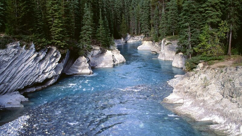 River in Forest Canyon — Blue, Serene, Afternoon, Photograph, Trees, Rocks, Water, Green