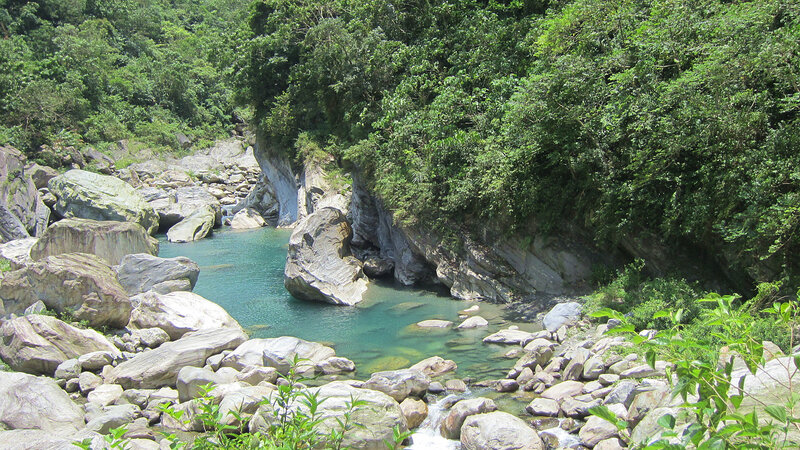 River in Forest Canyon — Green, Serene, Afternoon, Photograph, Rocks
