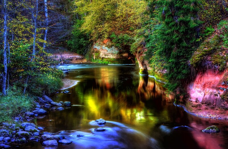 River in Forest Canyon — Green, Serene, Autumn