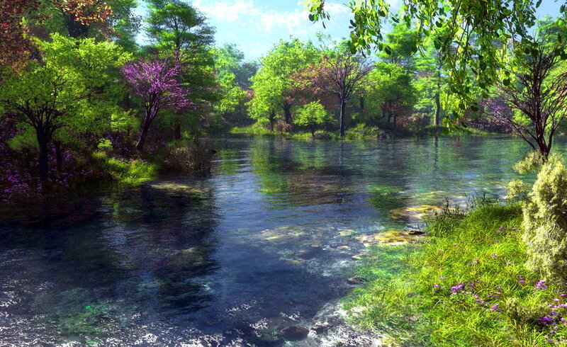 River in Forest — Green, Serene, Afternoon, Digital Art