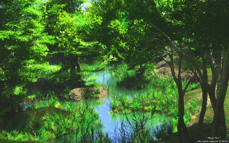 River in Forest — Green, Serene, Afternoon, Digital Art, Trees