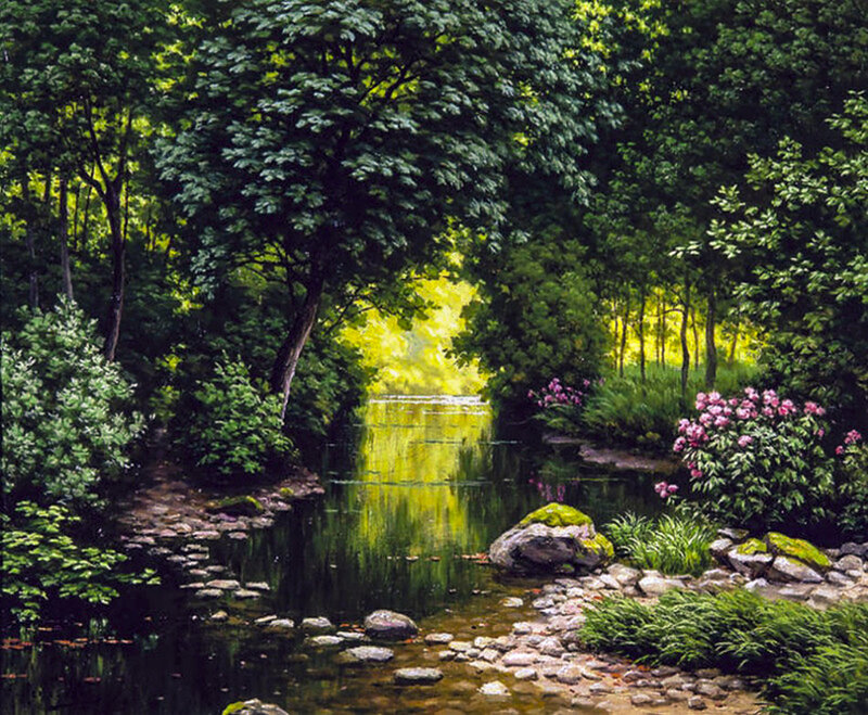 River in Forest — Green, Serene, Afternoon, Painting, Trees, Flowers, Rocks