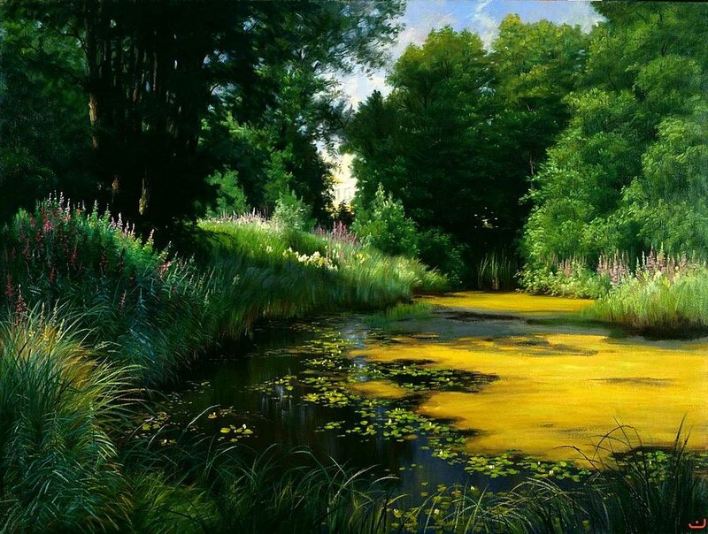 River in Forest — Green, Serene, Afternoon, Painting, Trees, Flowers