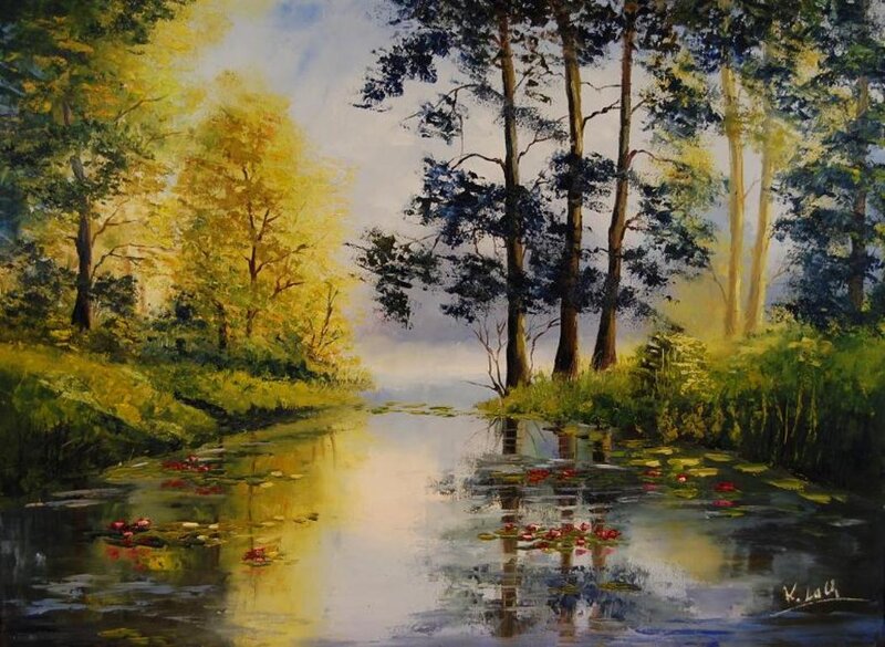 River in Forest — Green, Serene, Afternoon, Painting, Trees, Lily Pads