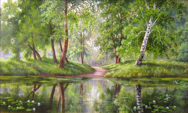 River in Forest — Green, Serene, Afternoon, Painting, Trees, Path, Lily Pads