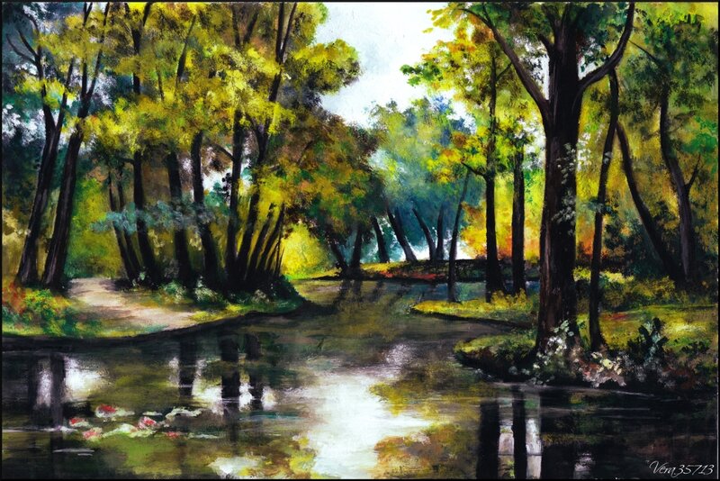 River in Forest — Green, Serene, Afternoon, Painting, Trees, Path
