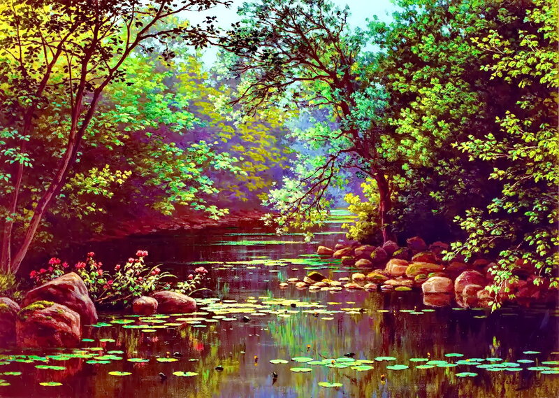River in Forest — Green, Serene, Afternoon, Painting, Trees, Rocks, Lily Pads