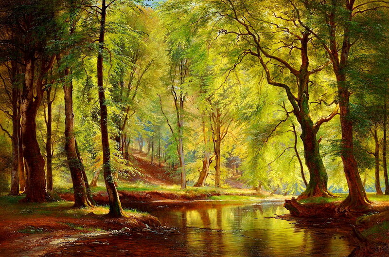 River in Forest — Green, Serene, Afternoon, Painting, Trees, Stream