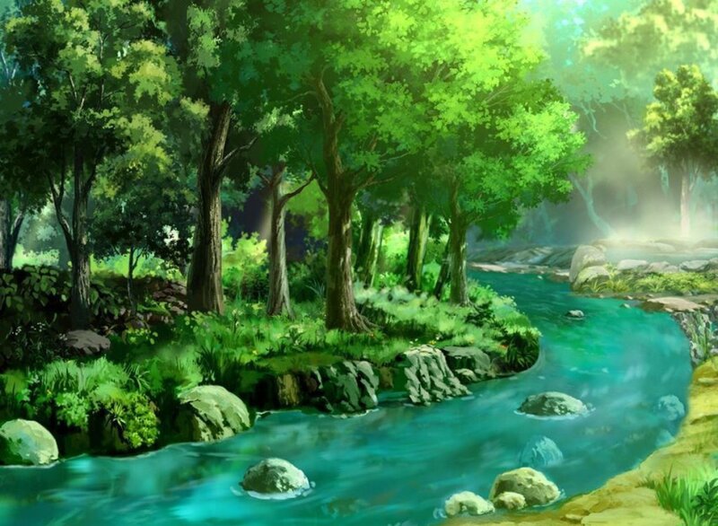 River in Forest — Green, Serene, Morning, Digital Art