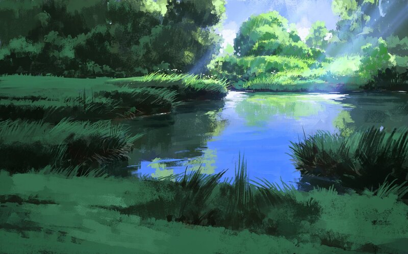 River in Forest — Green, Serene, Morning, Digital Art, Trees, Grass