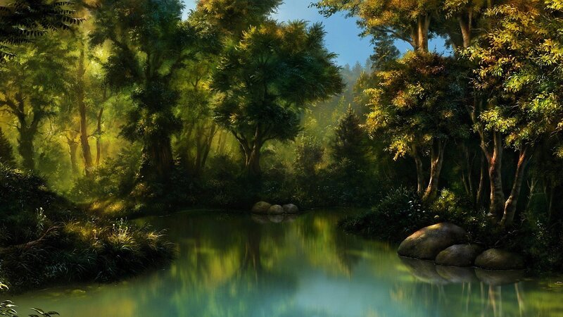 River in Forest — Green, Serene, Morning, Digital Art, Trees, Rocks, Sunlight, Blue