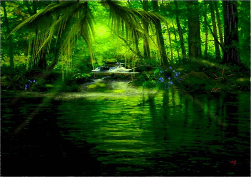 River in Forest — Green, Serene, Morning, Digital Art, Trees