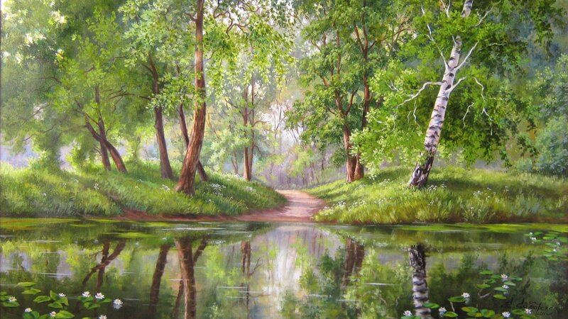 River in Forest — Green, Serene, Morning, Painting, Trees, Path