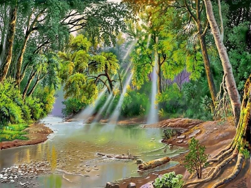 River in Forest — Green, Serene, Morning, Painting, Trees, Sunlight, Log