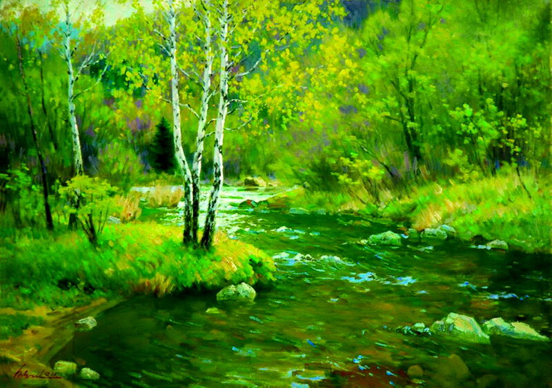 River in Forest — Green, Serene, Spring, Painting