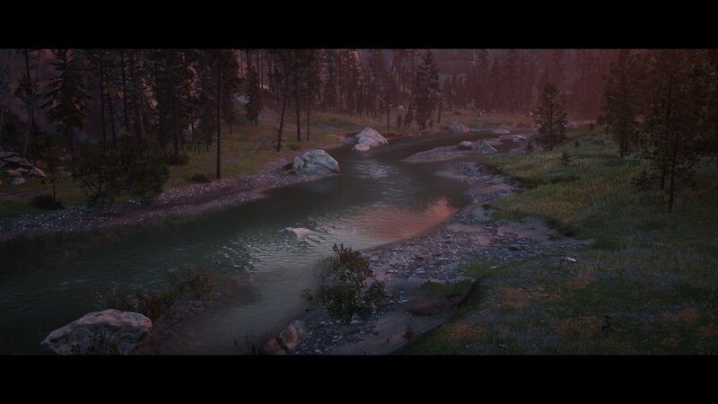 River in Forest — Green, Serene, Sunset, 3d Render